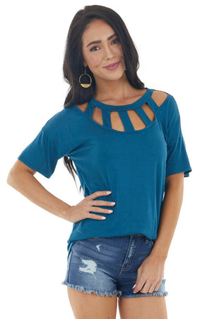 Dark Ocean Blue Short Sleeve Knit Top with Caged Neckline