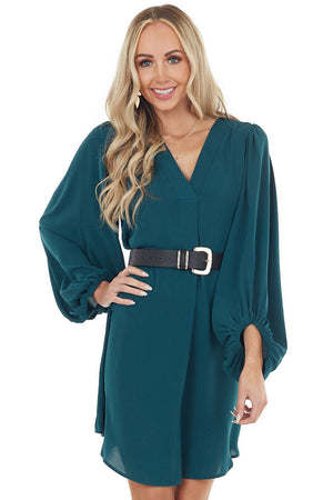 Dark Pine Long Bubble Sleeve V Neck Soft Woven Short Dress