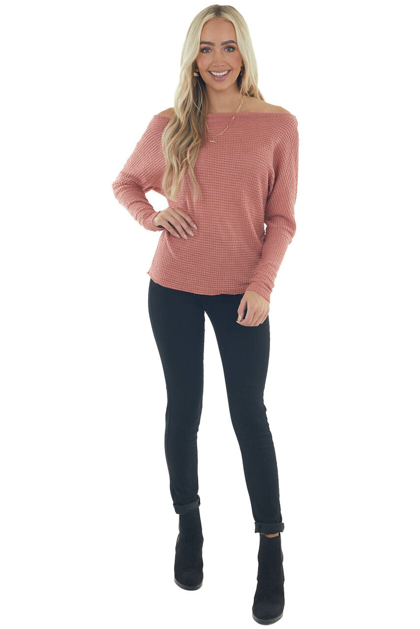 Dark Rose Waffle Knit Boat Neck Long Cuff Top 