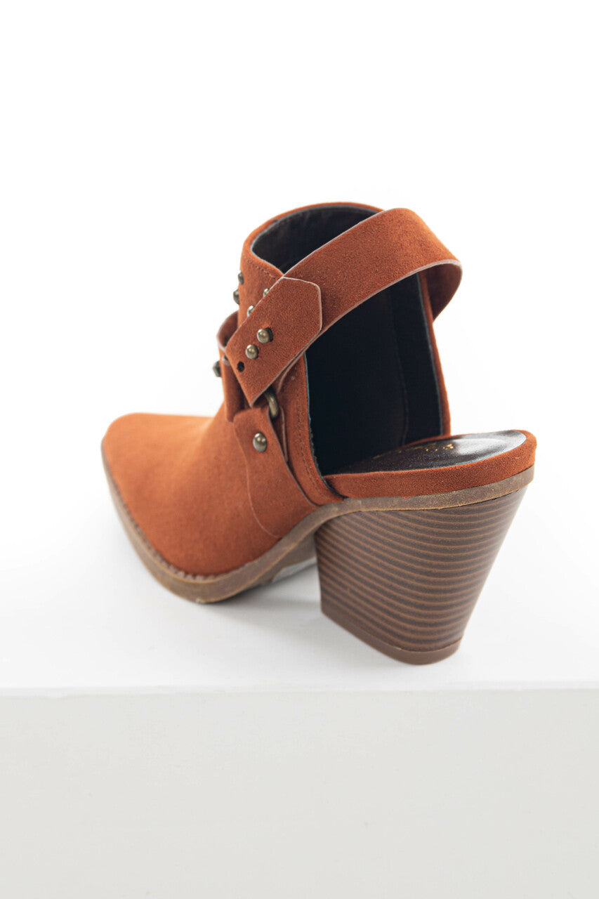 Dark Rust Faux Suede Mule Heel Studded Bootie