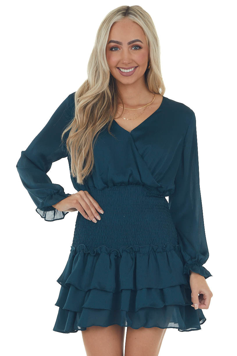 Dark Sea Blue Textured Surplice Smocked Dress