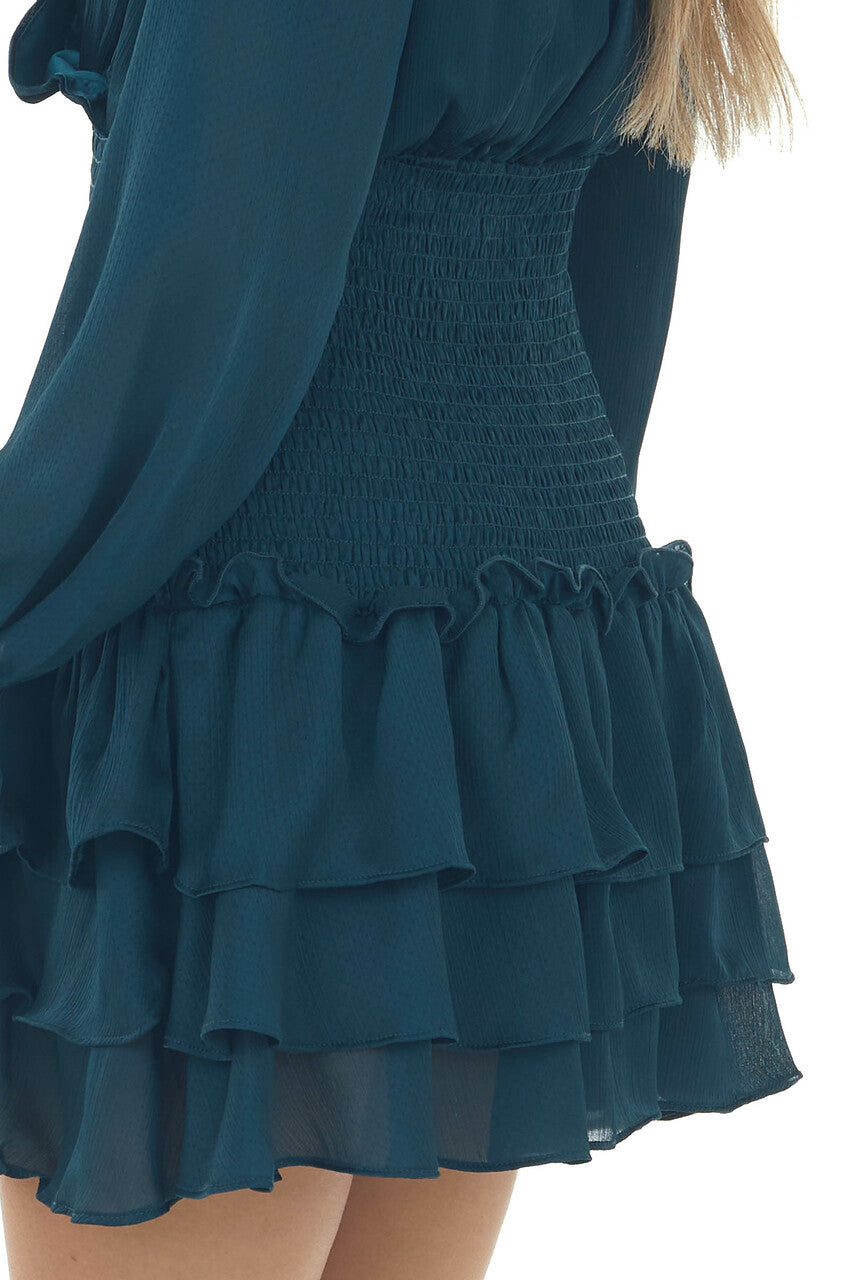 Dark Sea Blue Textured Surplice Smocked Dress
