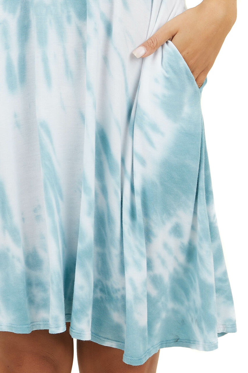 Dark Seafoam Tie Dye Short Sleeve Swing Dress with Pockets 