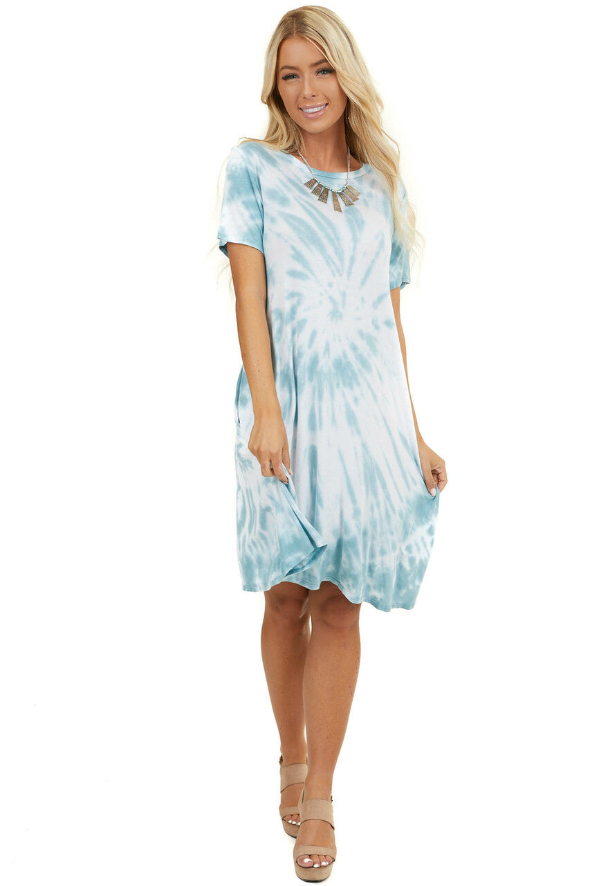 Dark Seafoam Tie Dye Short Sleeve Swing Dress with Pockets 