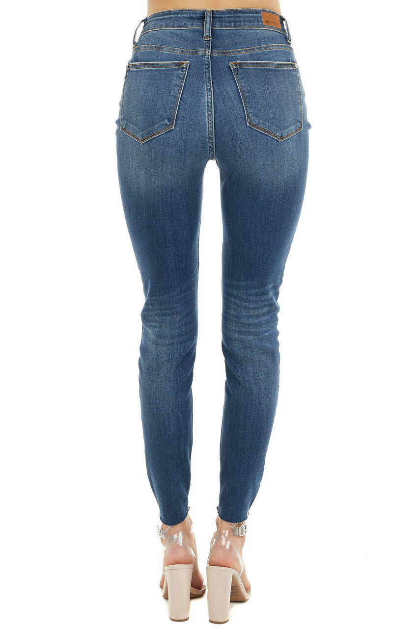 Dark Wash High Rise Ripped Skinny Jeans with Leopard Detail