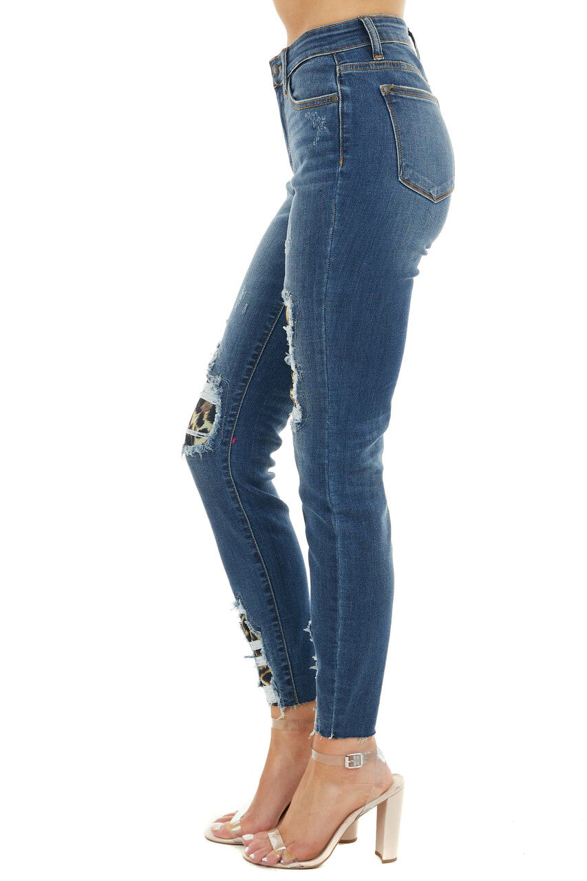 Dark Wash High Rise Ripped Skinny Jeans with Leopard Detail