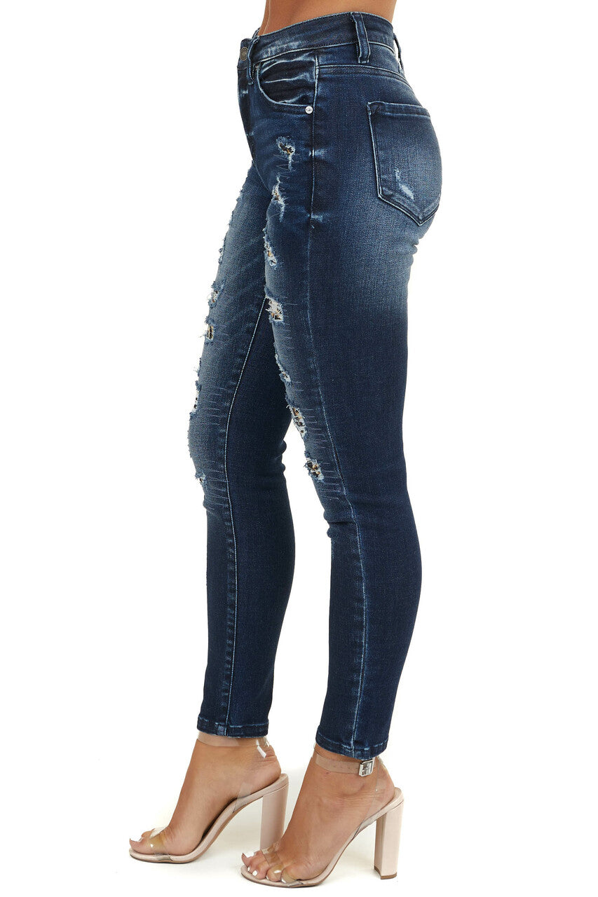 Dark Wash Distressed Skinny Jeans with Leopard Print Details 