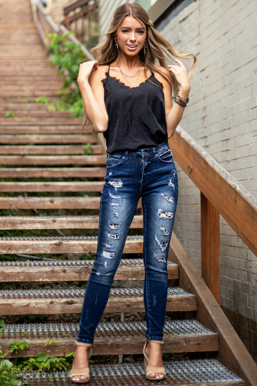 Dark Wash Distressed Skinny Jeans with Leopard Print Details