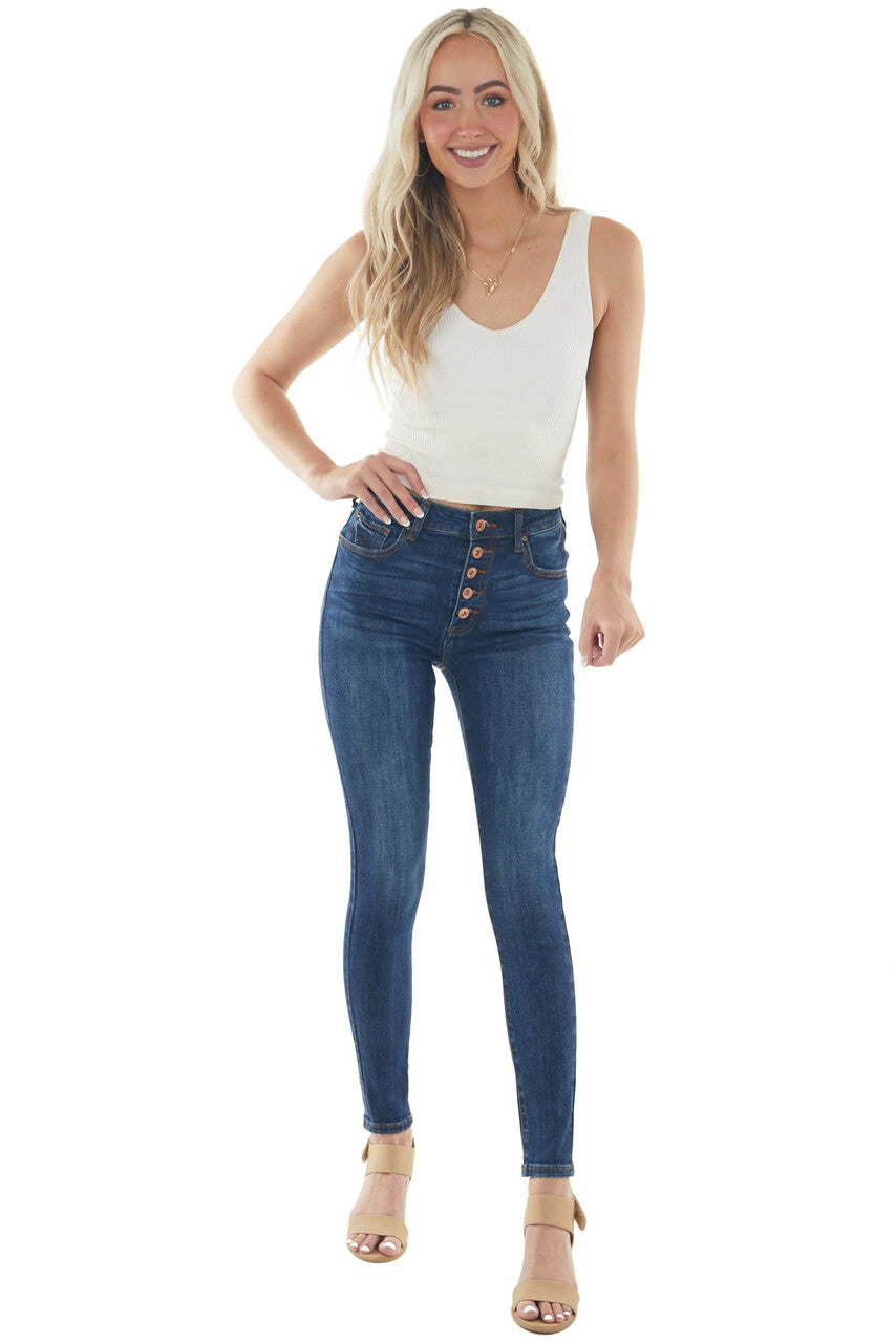Dark Wash High Rise Button Front Skinny Jeans