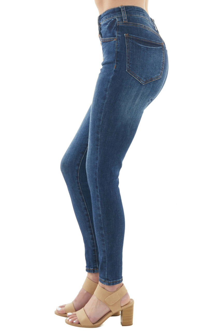 Dark Wash High Rise Button Front Skinny Jeans
