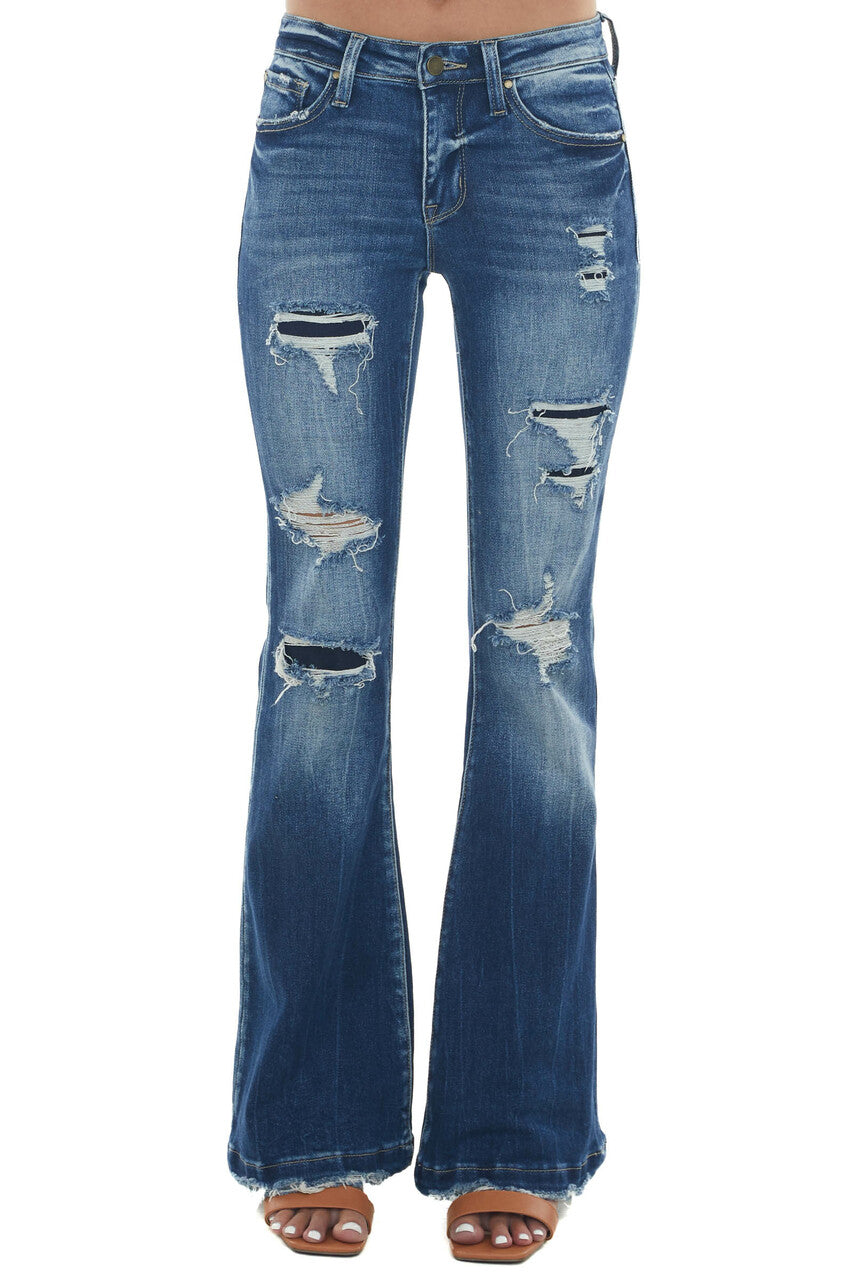 Dark Wash High Rise Distressed Flare Jeans