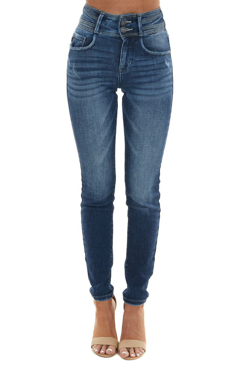 Dark Wash High Rise Double Button Skinny Jeans
