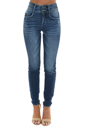 Dark Wash High Rise Double Button Skinny Jeans