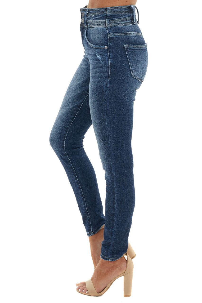Dark Wash High Rise Double Button Skinny Jeans