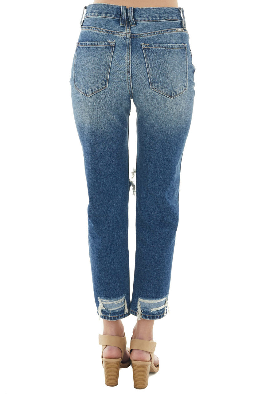Dark Wash High Rise Mom Fit Heavy Torn Jeans