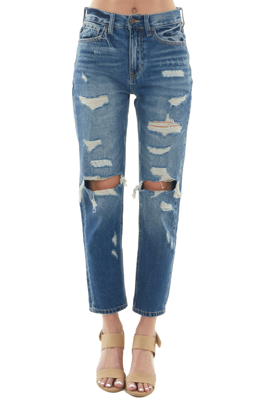 Dark Wash High Rise Mom Fit Heavy Torn Jeans