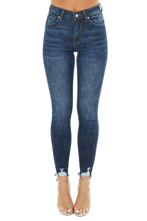 Dark Wash High Rise Skinny Jeans with Distressed Hemline
