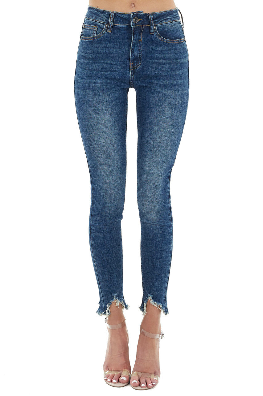 Dark Wash High Rise Skinny Jeans with Frayed Hem