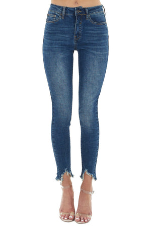 Dark Wash High Rise Skinny Jeans with Frayed Hem
