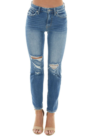 Dark Wash High Rise Torn Straight Leg Jeans 