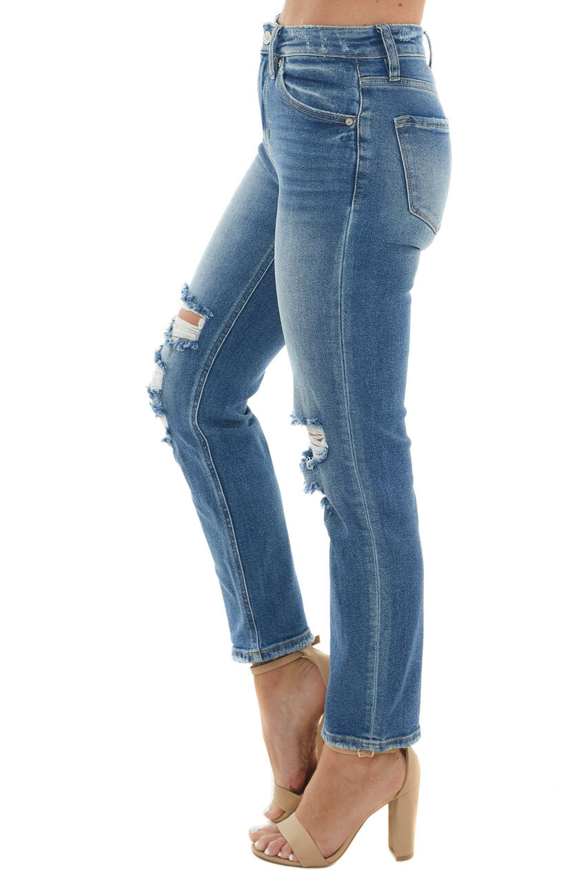 Dark Wash High Rise Torn Straight Leg Jeans 