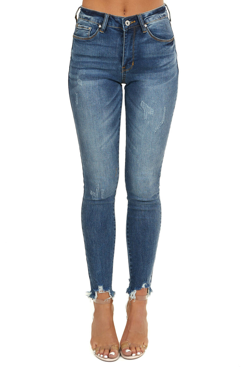 Dark Wash Mid Rise Ankle Cut Jeans with Distressed Hemline 