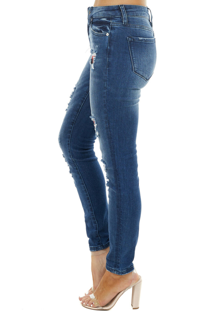 Dark Wash Mid Rise Distressed Plaid Patch Skinny Jeans