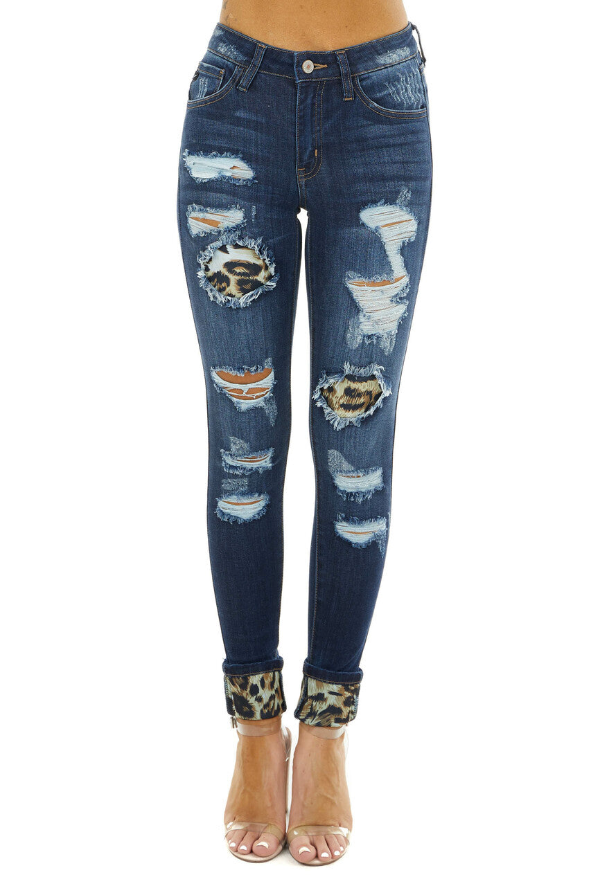 Dark Wash Mid Rise Ripped Skinny Jeans with Leopard Patches 