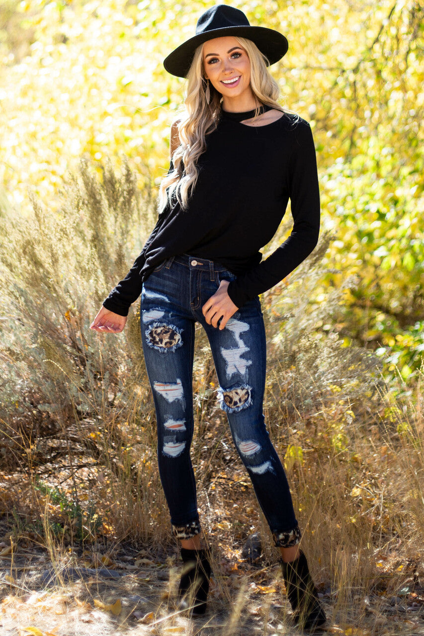 Dark Wash Mid Rise Ripped Skinny Jeans with Leopard Patches 