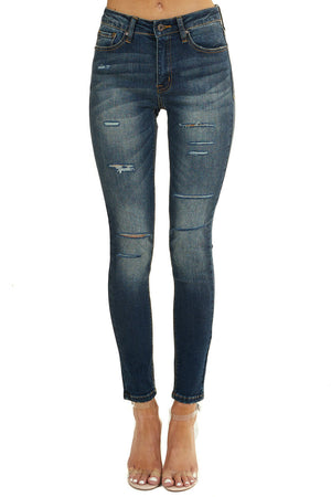 Dark Wash Mid Rise Skinny Jeans with Distressed Cuts