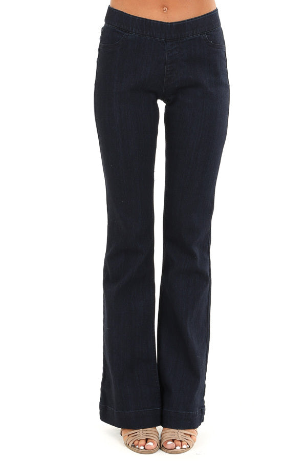 Dark Wash Mid Rise Stretchy Denim Flare Jegging Jeans front view