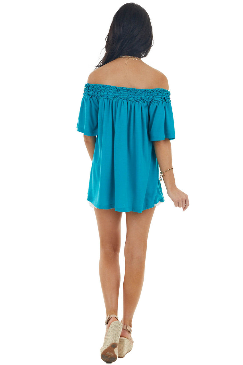 Deep Aqua Frilled Off the Shoulder Short Sleeve Knit Top