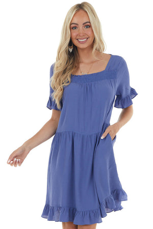 Deep Dusty Blue Square Neck Tiered Short Dress