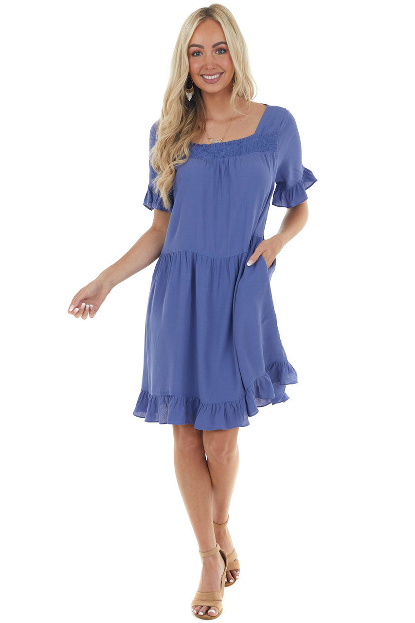 Deep Dusty Blue Square Neck Tiered Short Dress