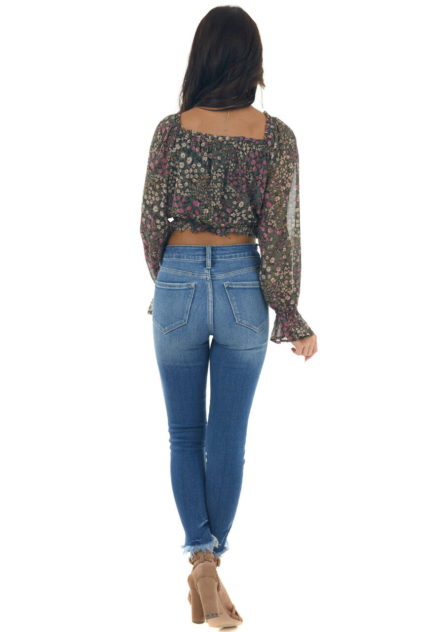 Deep Juniper Floral Off Shoulder Cropped Top 