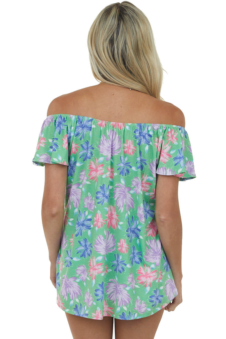 Deep Lime Floral Print Flutter Sleeve Knit Top