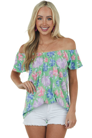 Deep Lime Floral Print Flutter Sleeve Knit Top