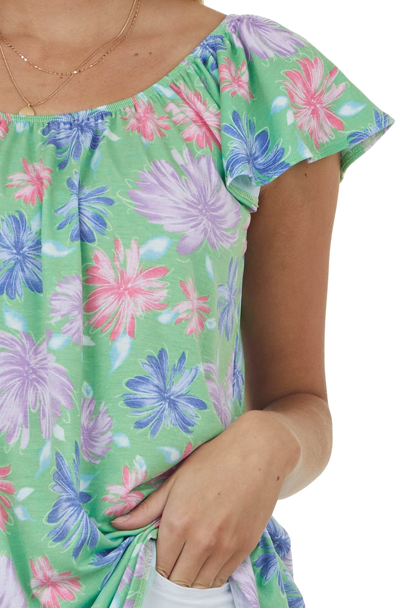 Deep Lime Floral Print Flutter Sleeve Knit Top