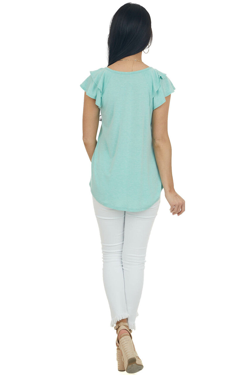 Deep Mint Short Ruffle Sleeve V Neck Knit Top