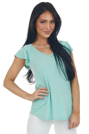 Deep Mint Short Ruffle Sleeve V Neck Knit Top