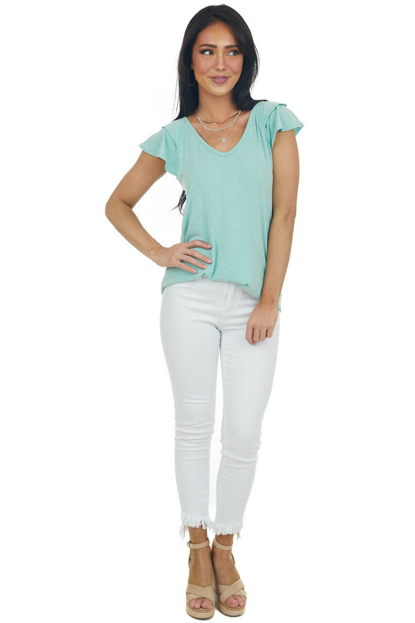 Deep Mint Short Ruffle Sleeve V Neck Knit Top