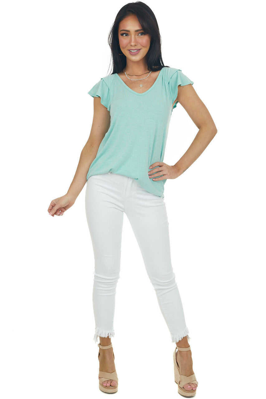 Deep Mint Short Ruffle Sleeve V Neck Knit Top