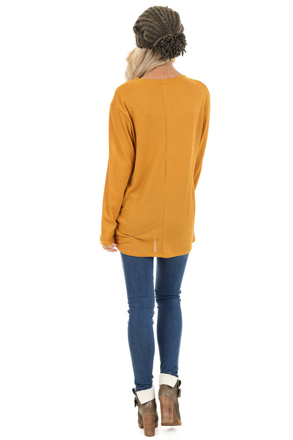 Deep Mustard Long Sleeve Waffle Knit Top with Twist Detail back full body