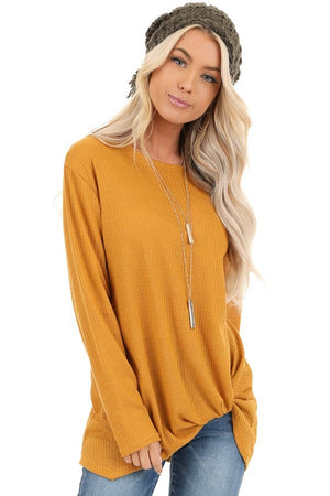 Deep Mustard Long Sleeve Waffle Knit Top with Twist Detail front close up