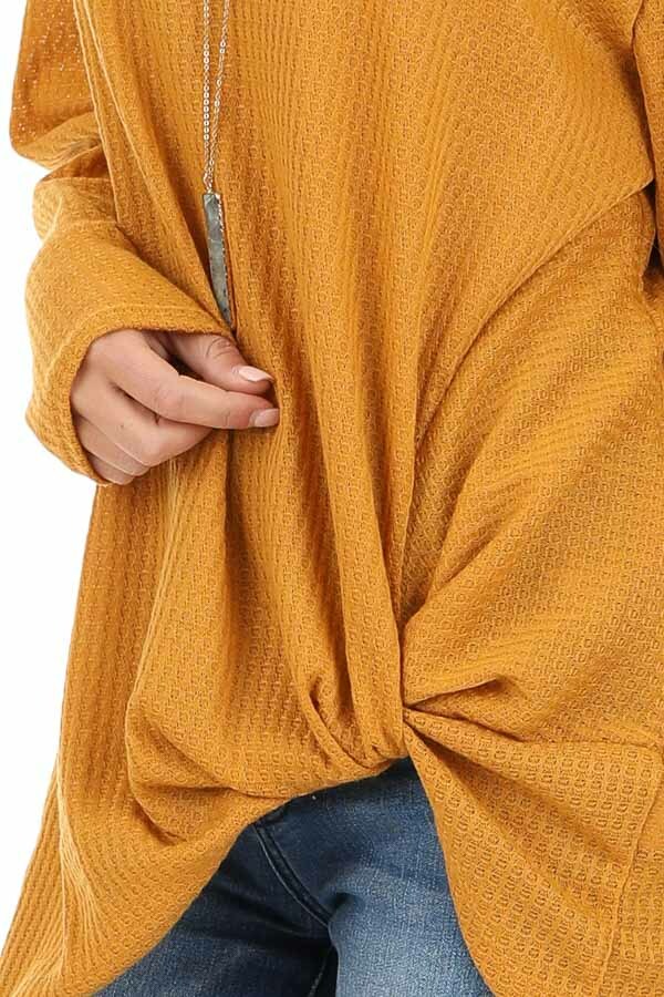 Deep Mustard Long Sleeve Waffle Knit Top with Twist Detail detail
