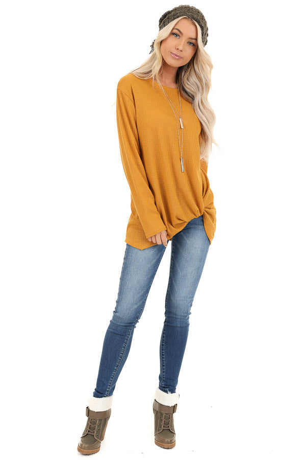 Deep Mustard Long Sleeve Waffle Knit Top with Twist Detail front full body