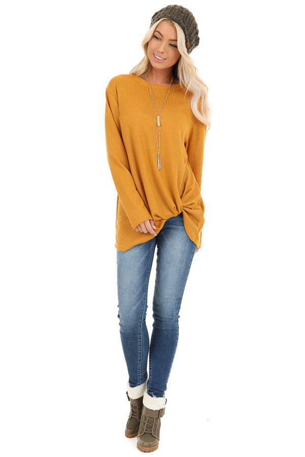 Deep Mustard Long Sleeve Waffle Knit Top with Twist Detail front full body