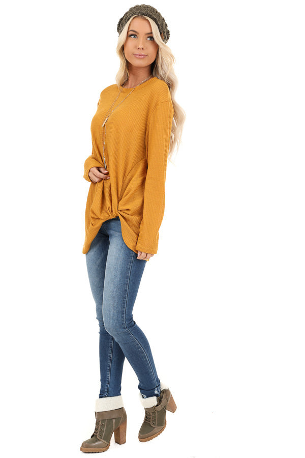 Deep Mustard Long Sleeve Waffle Knit Top with Twist Detail side full body