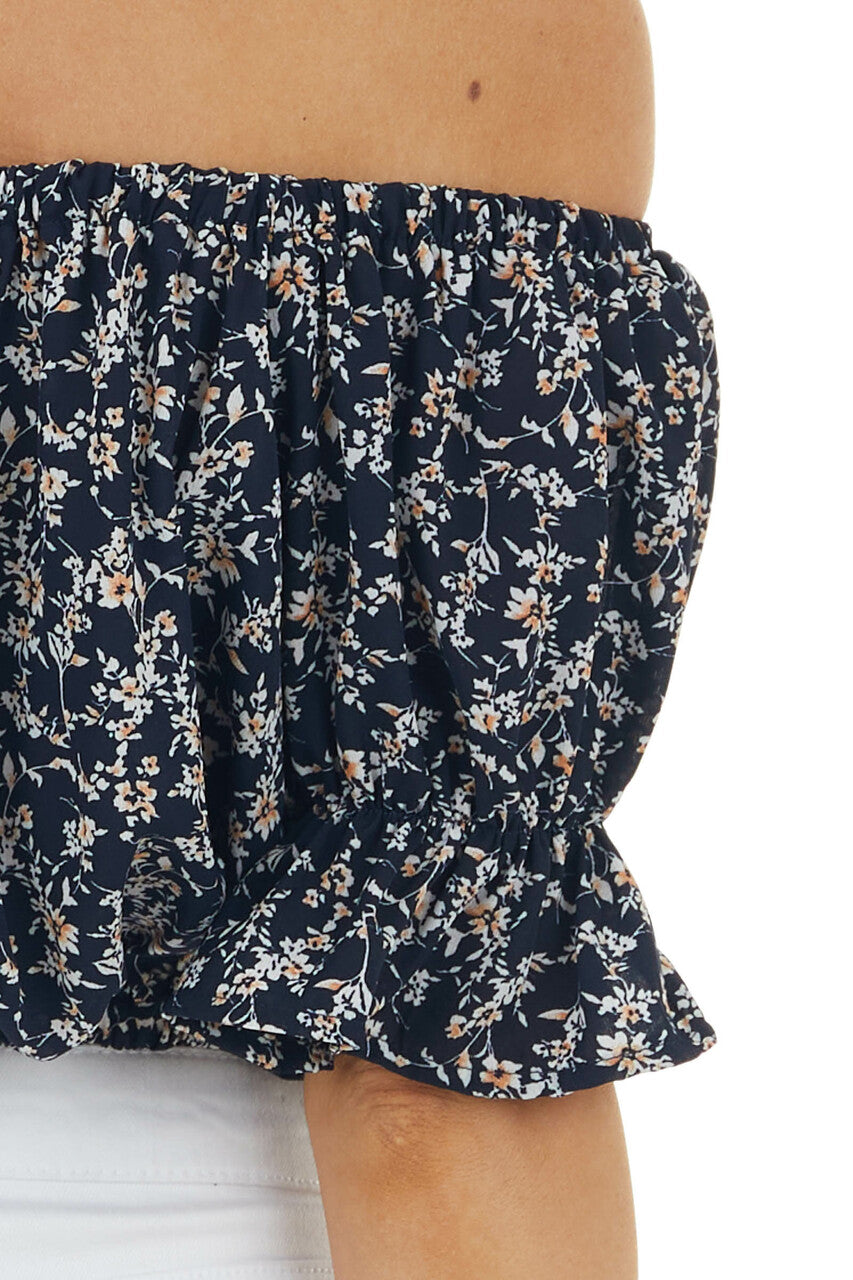 Deep Navy Blue Ditsy Floral Off Shoulder Woven Crop Top