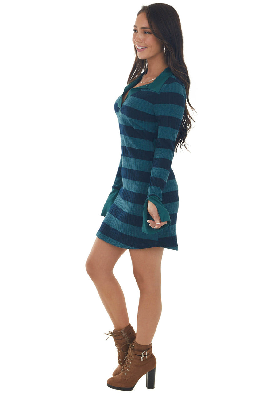 Deep Pine Striped Ribbed Knit Mini Dress 